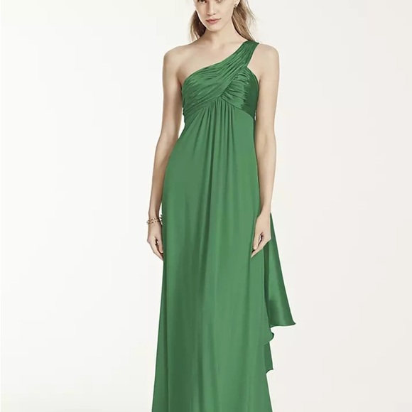 David’s Bridal Size 16 Olive Green One Shoulder Maxi Dress Elegant Cascade Back - Picture 6 of 7